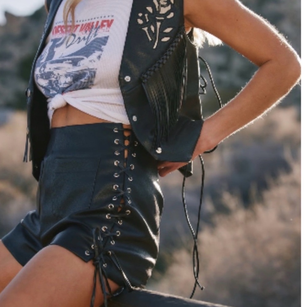 12th Tribe Black Faux Leather Lace-Up High-Waist Shorts